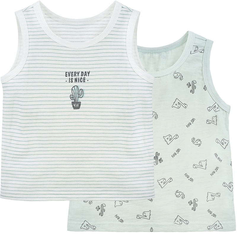 婴姿坊童装男童夏季圆领无袖背心横条纹仙人掌印花上衣T恤 1-5岁