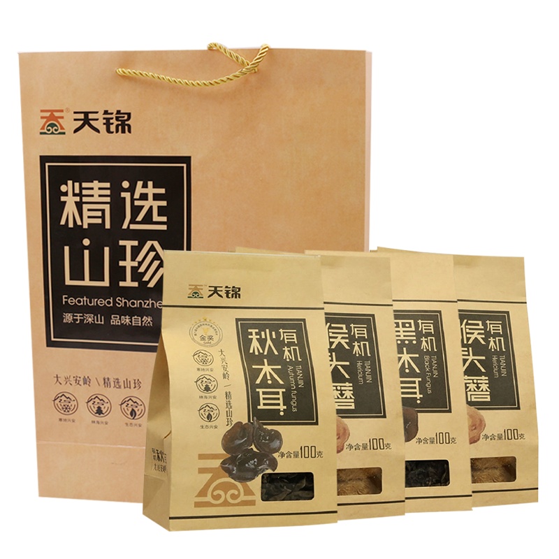 天锦 有机干货礼盒 100g*4 有机秋木耳袋装100g 有机黑木耳100g 有机元蘑100g 有机猴头100g