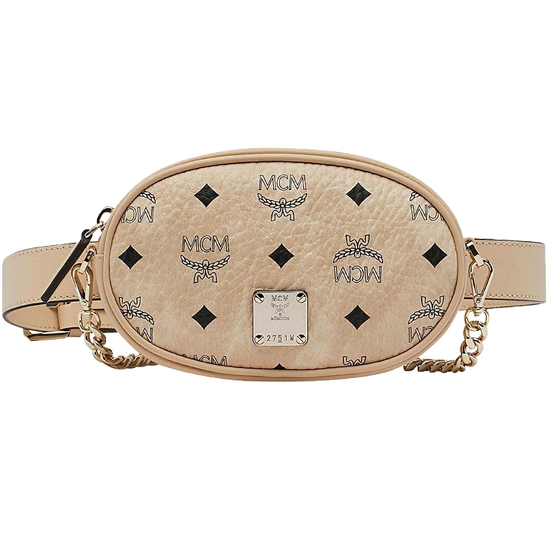 MCM 奢侈品 女士棕色米色人造革印logo时尚潮流腰包单肩斜挎包两用包 MWZ9SSE09WT001