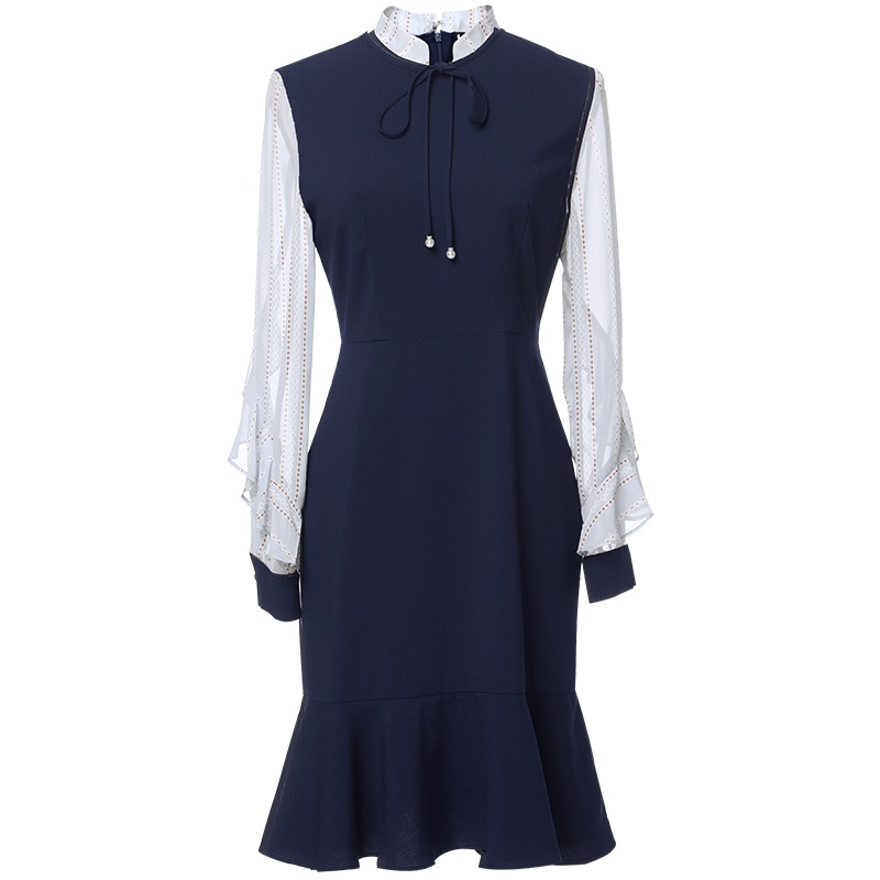 欧昵雪立领条纹衬衫袖拼接长袖假两件连衣裙女鱼尾裙