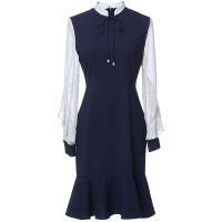 欧昵雪立领条纹衬衫袖拼接长袖假两件连衣裙女鱼尾裙