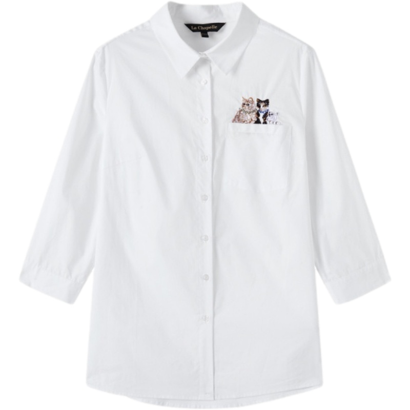 拉夏贝尔韩版宽松纯棉白衬衫女夏装新款气质百搭五分袖10020884