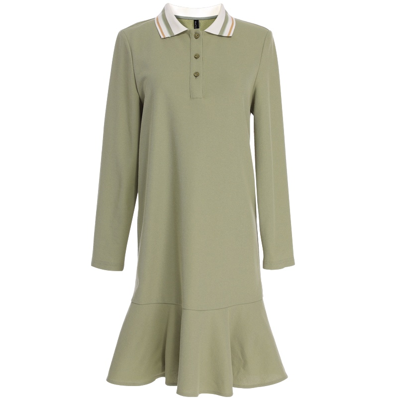 欧昵雪时尚条纹Polo领鱼尾连衣裙女长袖宽松直筒裙子