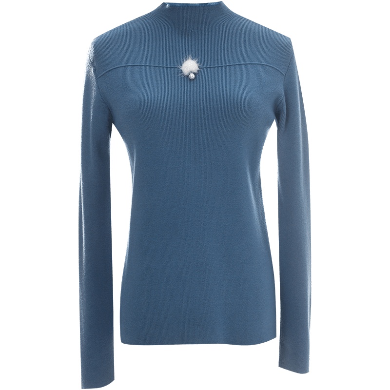 欧昵雪秋冬装半高领毛球别针长袖打底毛衣女修身针织衫