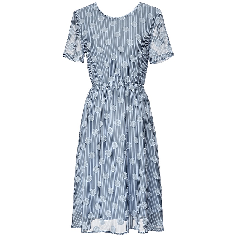 欧昵雪花边高腰波点条纹连衣裙女后背V领镂空中裙