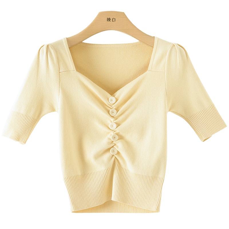 晚白2021春季新品时尚淑女修身显瘦短款百搭短袖针织衫套头毛衫女