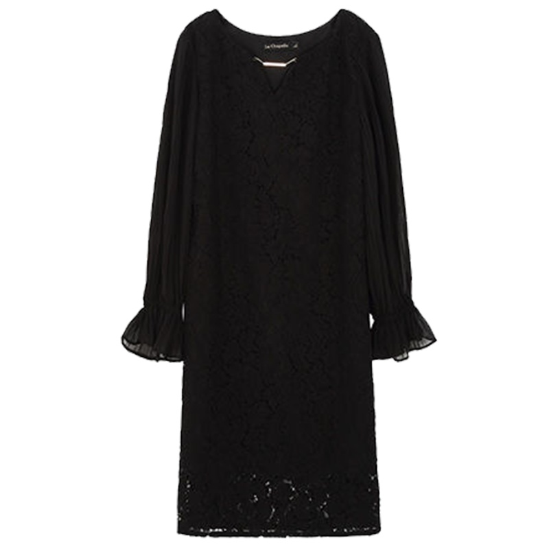 【热卖】拉夏贝尔秋冬新款气质显瘦时尚休闲长袖打底中长蕾丝雪纺连衣裙女1T000943