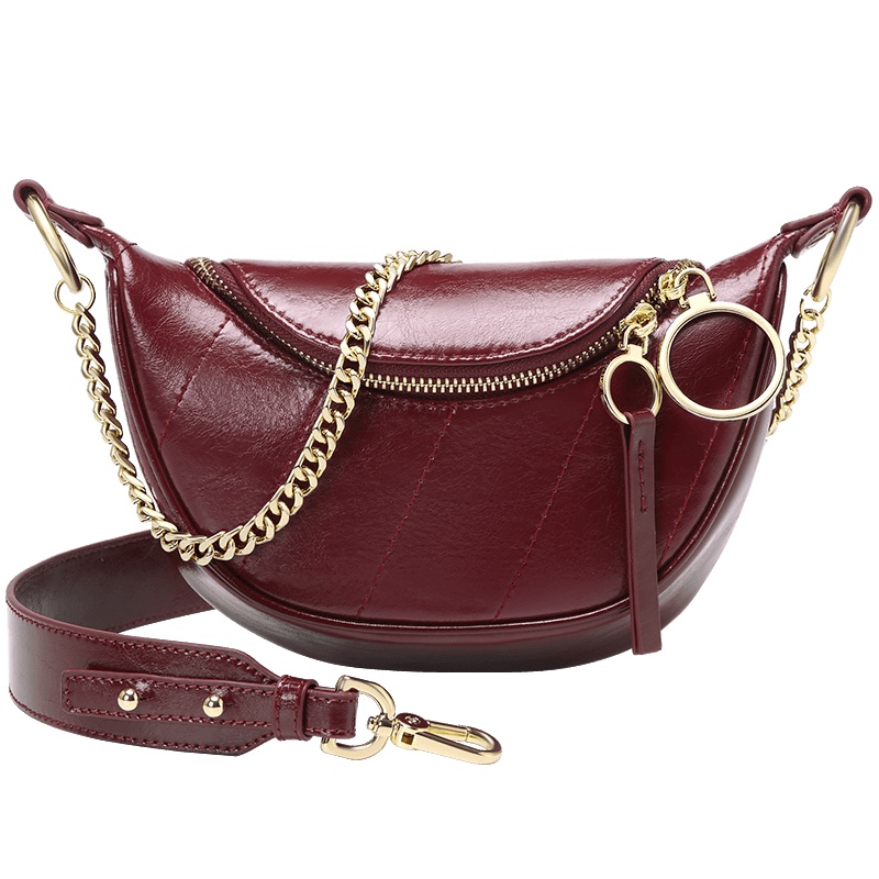 高尔夫GOLF优质牛皮斜挎包时尚女士个性月牙胸包圆环拉牌单肩链条包休闲潮流手提包