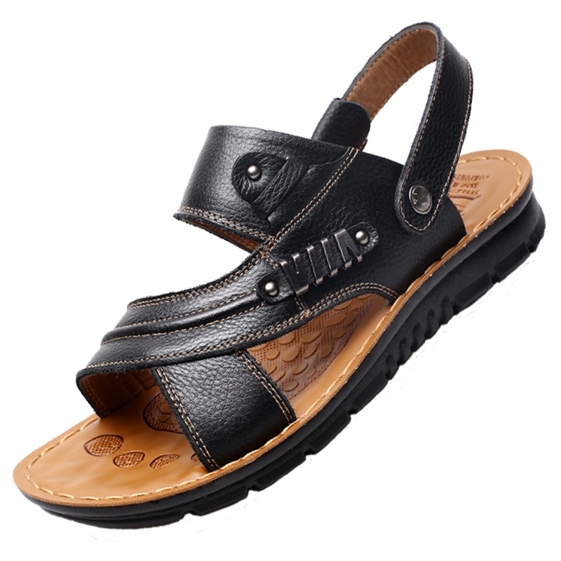 牧伦奴仕(MULUNUSHI)新款夏季凉鞋男拖鞋休闲沙滩鞋男士两用拖鞋露趾凉拖鞋头层牛皮(除牛反绒)沙滩鞋潮棕10788