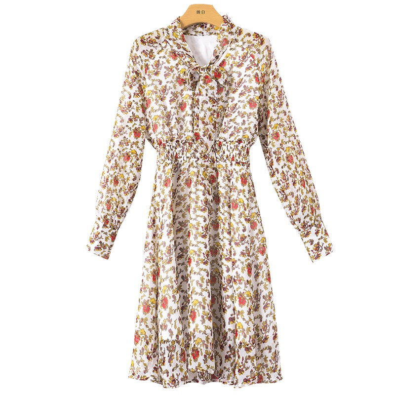 晚白2020春夏新时尚印花系带领收腰中长款雪纺衬衫裙A字连衣裙女