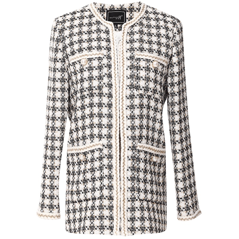 欧昵雪秋冬小香风圆领宽松编织粗纺外套女中长款显瘦上衣