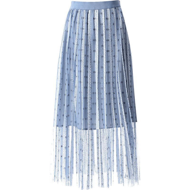 欧昵雪夏季松紧腰纱半身裙女修身中长款a字波点百褶裙