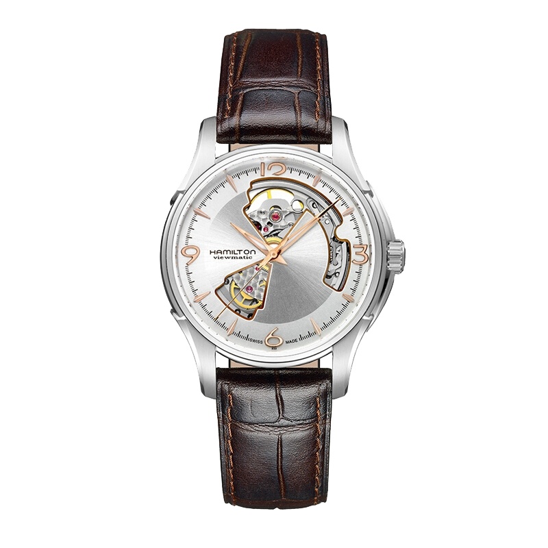 汉米尔顿(Hamilton)瑞士手表 爵士开心系列镂空款自动机械男士腕表 银白盘皮表带 H32565555