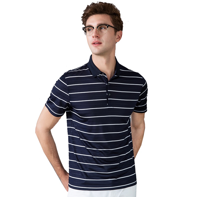 北极绒男士2019款青年薄款夏季桑蚕丝短袖T恤打底套头条纹上衣