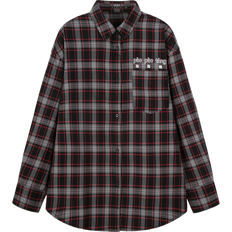 Semir森马长袖衬衫女2019秋季新款刺绣印花衬衣学生复古格纹宽松潮上衣