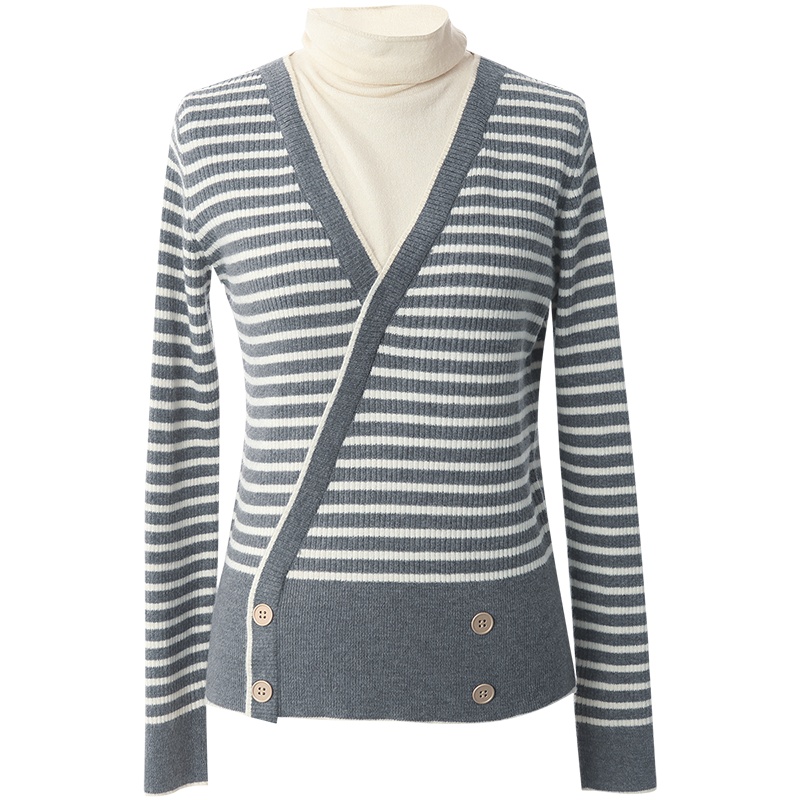 OUNIXUE欧昵雪 | [气质高领套头针织衫]秋冬季休闲假两件拼接条纹修身毛衣女