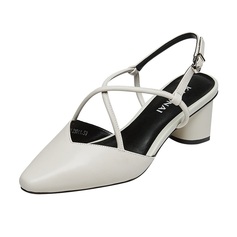 康奈女鞋 夏季包头凉鞋女时尚尖头粗高跟交叉绑带凉鞋优雅通勤女鞋15384002