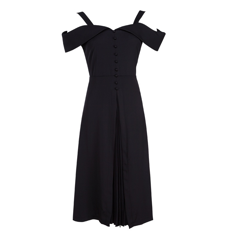 晚白女裙装2019夏季新品修身显瘦露肩收腰中长款百褶裙A字连衣裙