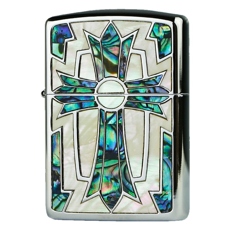 美国ZIPPO打火机 芝宝 万有引力正版双面贝壳镶嵌十字 男士礼品