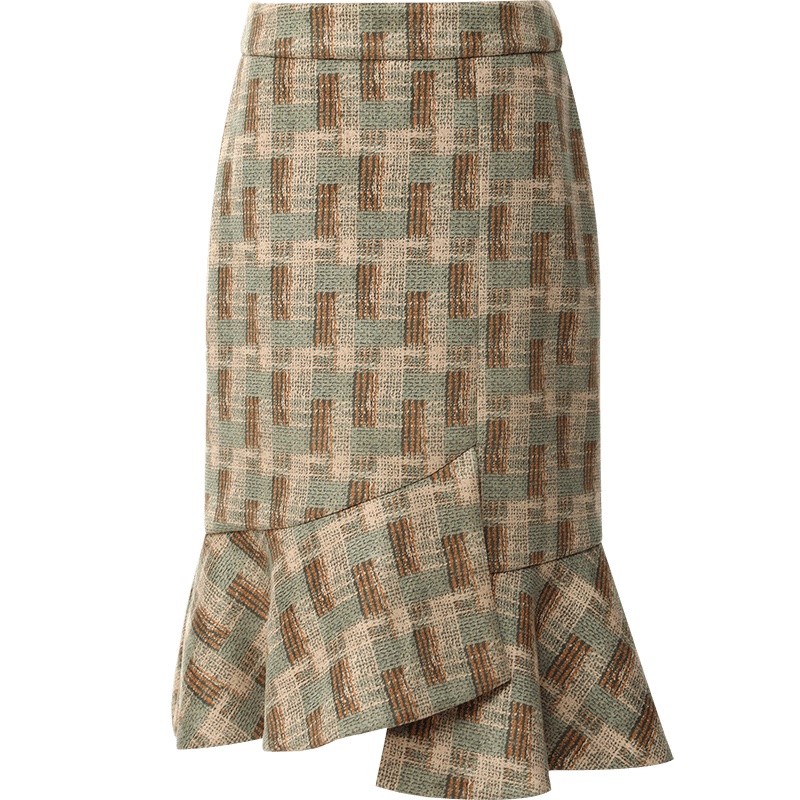 欧昵雪秋冬高腰仿麂皮绒格子不规则荷叶边半身裙女鱼尾裙