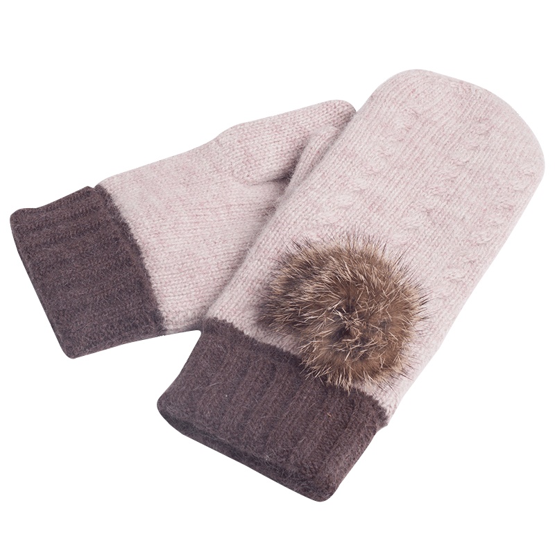 乐为针织手套女士秋冬季天可爱毛球羊毛兔毛户外保暖加绒加厚连指手套女式毛线手套 15FD365