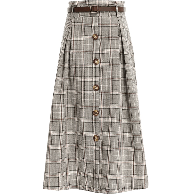 欧昵雪淑女高腰格子半身裙女中长款单排扣a字裙伞裙