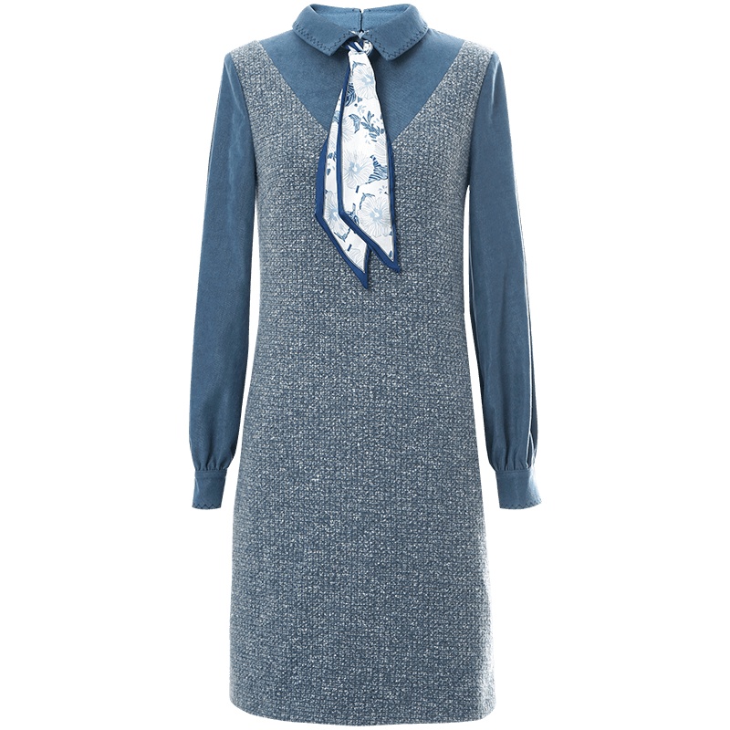 OUNIXUE欧昵雪 | [法式小香风拼接连衣裙]秋冬季翻领丝巾假两件毛呢裙子女