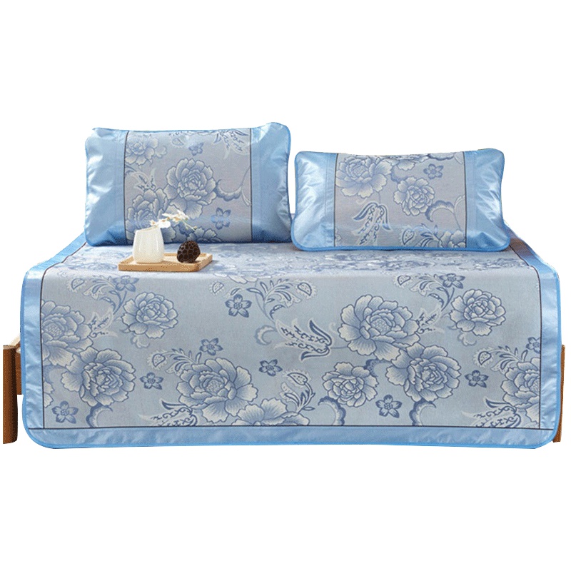 南极人(NanJiren)家纺 夏季清爽凉席/凉枕套件冰丝席三件套 床上用品牡丹花图案夏凉席套件可折叠空调席子