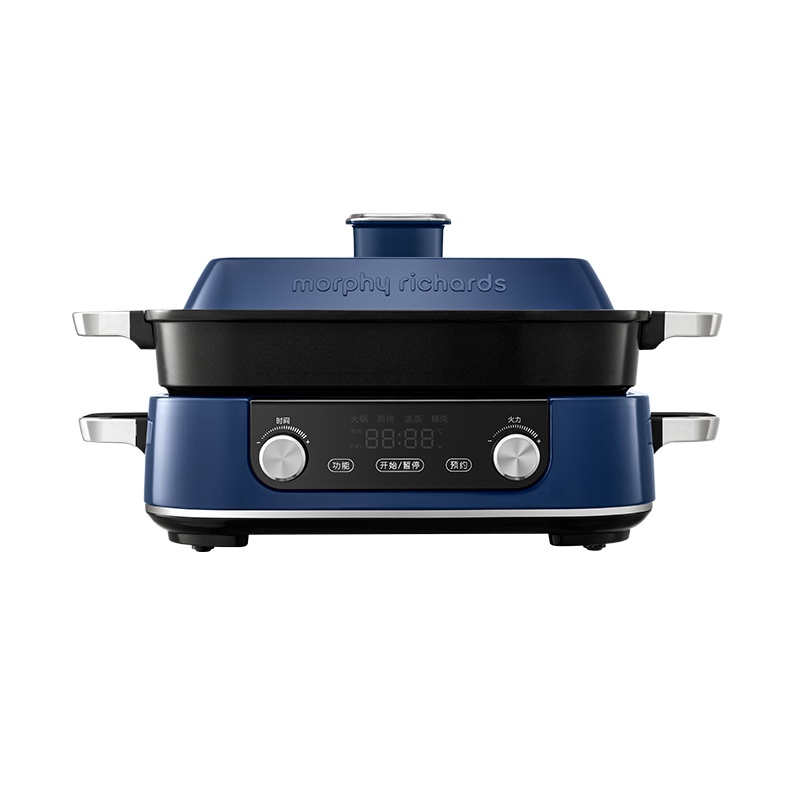 摩飞送礼多功能锅二代分体电火锅家用烤肉涮煎蒸煮电热锅大容量升级触屏预约调时网红料理锅MR9099 轻奢蓝(全盘)