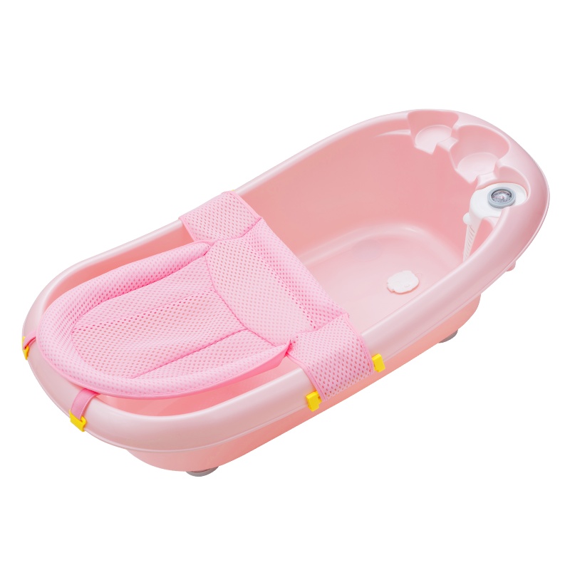 DuDi/青蛙嘟迪 母婴幼儿童宝宝洗澡盆婴幼儿感温浴盆可坐可躺澡盆新生儿大号儿童沐浴盆配护脊浴网套装 粉色