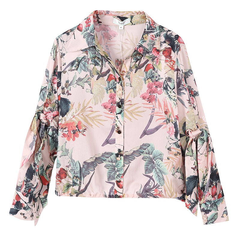 马克华菲女装2019夏季植物印花方领短款衬衫 摩登时装