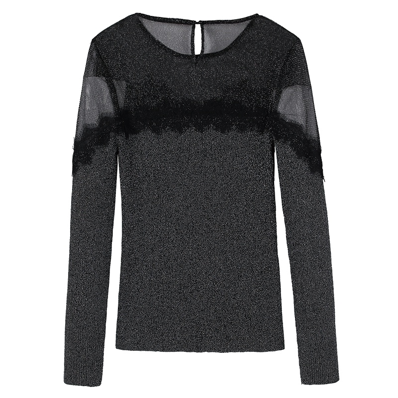 马克华菲女装2019春圆领长袖拼接雪纺打底衫