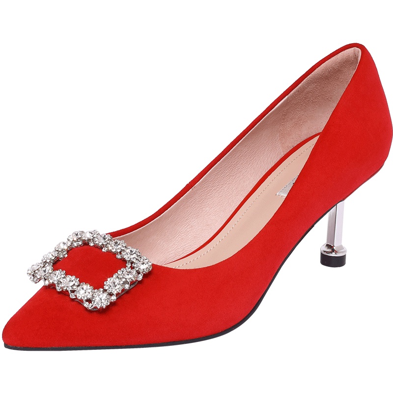 百田森秋季新款水钻尖头高跟鞋女反绒红色黑色单鞋时尚女鞋