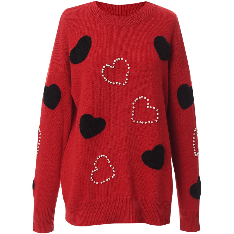 欧昵雪秋冬毛衣心型钉珠圆领长袖套头休闲厚针织衫上衣女