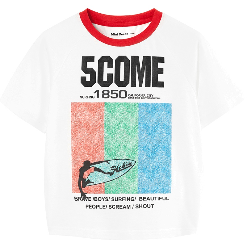 minipeace太平鸟童装新款男童夏装白色T恤卡通立体胶印短袖圆领潮
