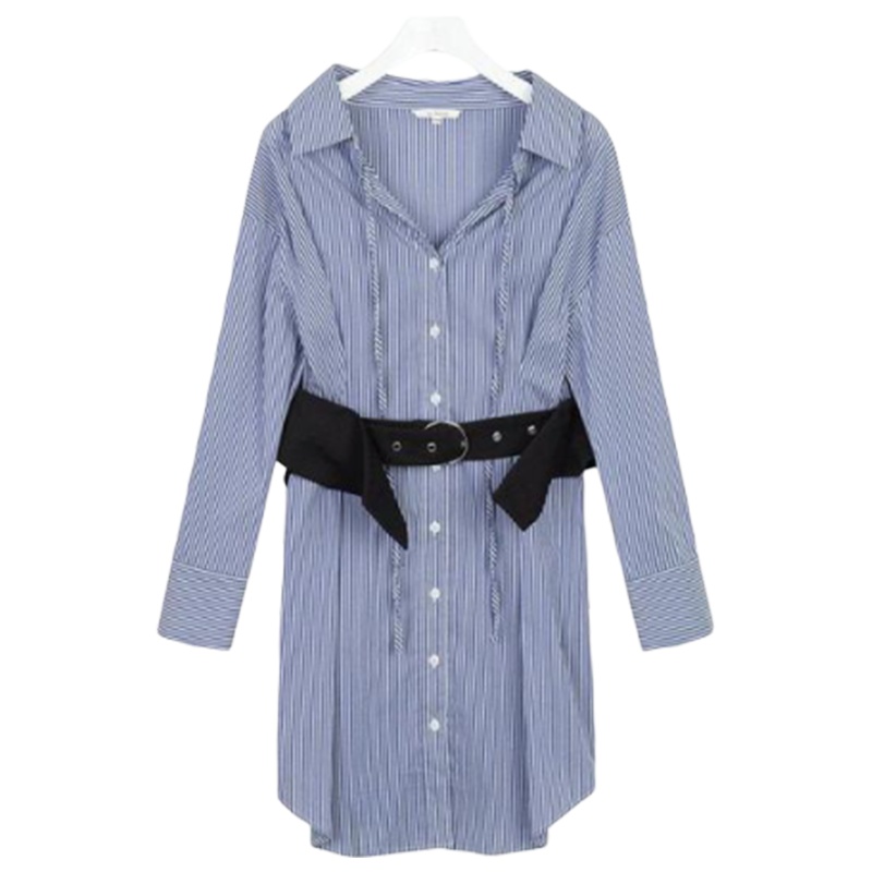 拉夏贝尔 拉贝缇秋季新款连衣裙时尚休闲高腰中长款腰封式长袖衬衣60300287