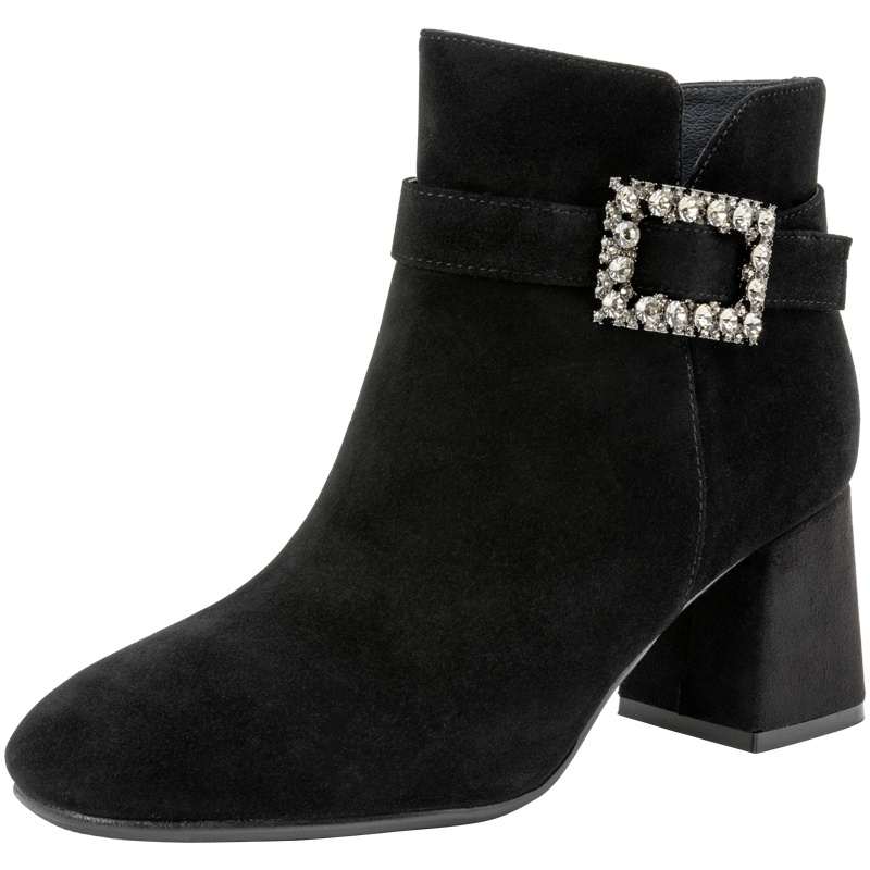 百田森ins网红瘦瘦靴增高冬季新款方头高跟粗跟真皮时装靴女