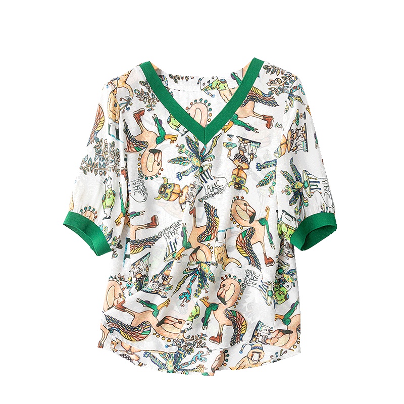 VINCIFAM 真丝衬衫女2019夏装新款宽松V领桑蚕丝短袖t恤时尚印花上衣