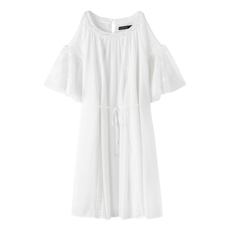 拉夏贝尔露肩连衣裙新款夏季新款气质清新收腰仙女雪纺裙子女