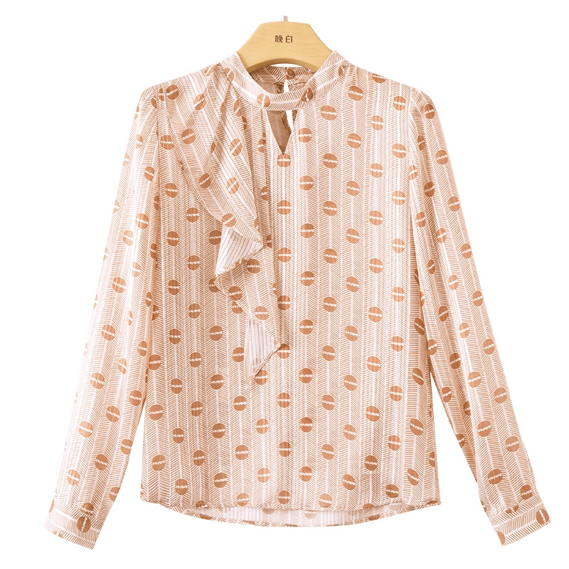 晚白2020秋新品时尚通勤百搭印花气质立领镂空直筒长袖衬衫衬衣女