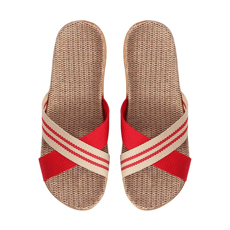 欧润哲 交叉带透气亚麻拖鞋(37-38) 家用居家女装防滑平底