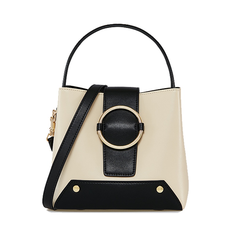 哈森春季新款圆环手提黑白经典拼接菜篮水桶包牛皮HS94505