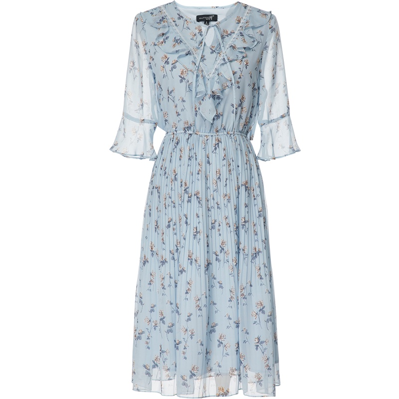 欧昵雪夏季系带圆领荷叶边喇叭袖碎花雪纺连衣裙女五分袖