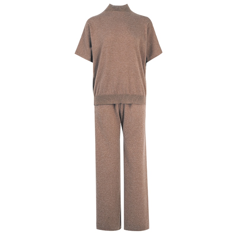 晚白 2020春季新品两件套纯色立领短袖针织衫高腰阔腿裤针织套装女