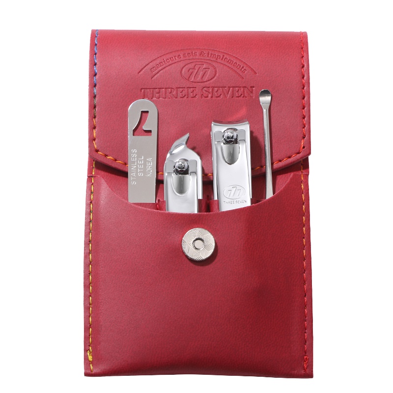 韩国777(THREE SEVEN)指甲刀套装家用斜口指甲剪掏耳勺锉刀指甲钳修甲工具套装4件套红色