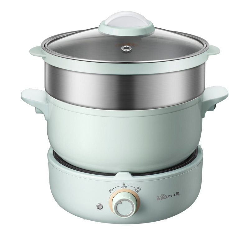 小熊(Bear)电火锅 2.5L家用/宿舍火锅神器 煮涮热蒸煎炒多功能 不粘涂层 DHG-B25Z1绿色带蒸笼