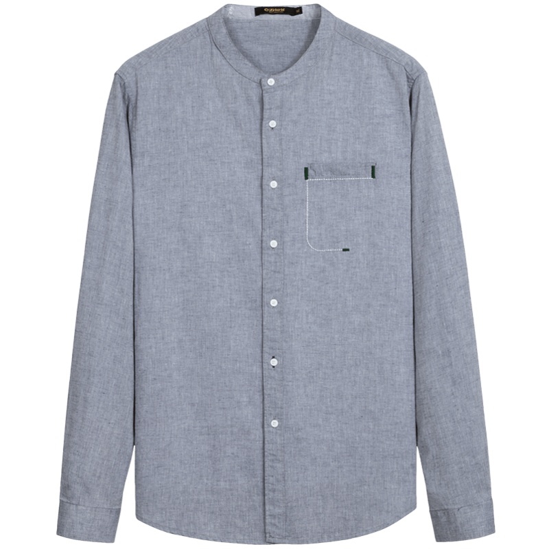 千纸鹤男士衬衣春季新款时尚帅气小立领棉麻衬衫长袖上衣男10237