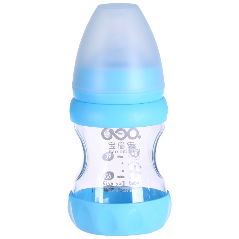 宝倍安(Bao bei an)婴儿宽口径硼硅玻璃奶瓶防摔防爆耐高温150ml蓝色 赠手柄+吸管 配0-3个月圆孔S奶嘴