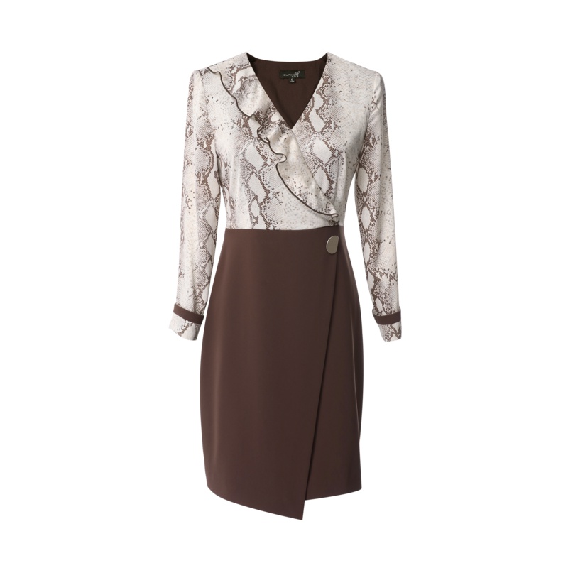 欧昵雪秋装V领九分袖印花假两件拼接不规则连衣裙女短裙