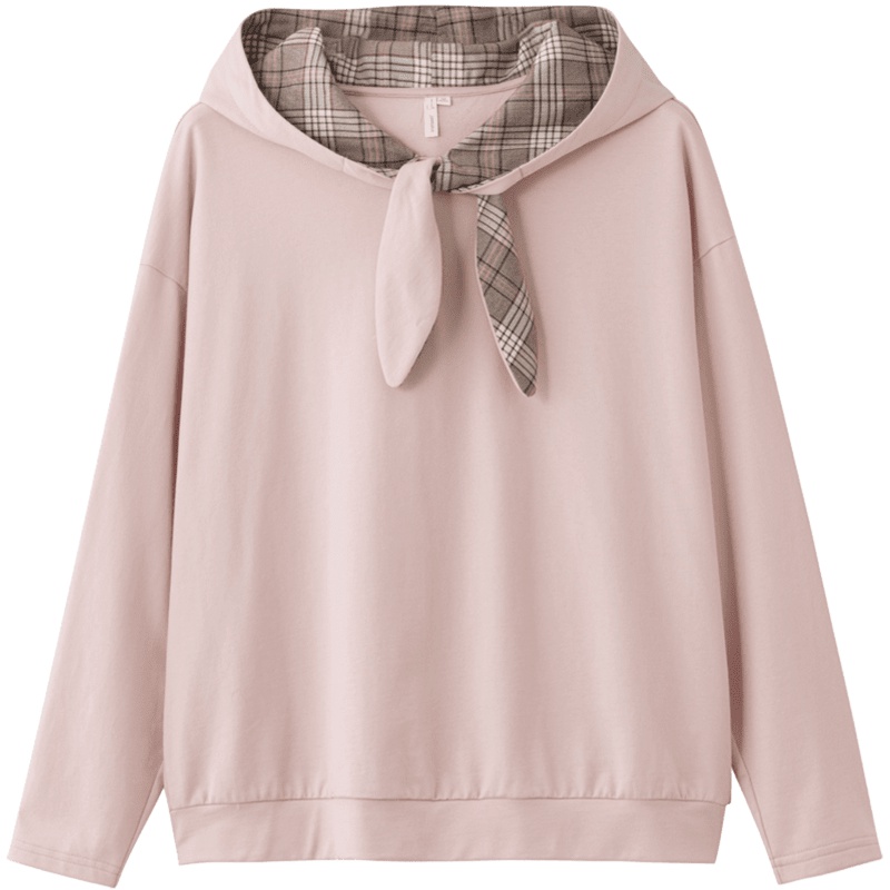 茵曼2019秋季新款全棉可爱连帽撞色系带少女纯色宽松文艺卫衣女